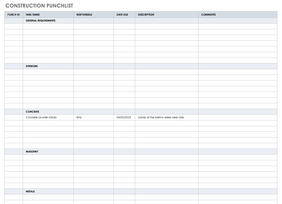 Construction Punchlist Template