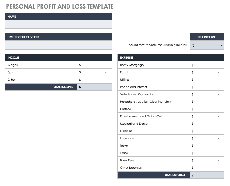 Personal Profit and Loss Template