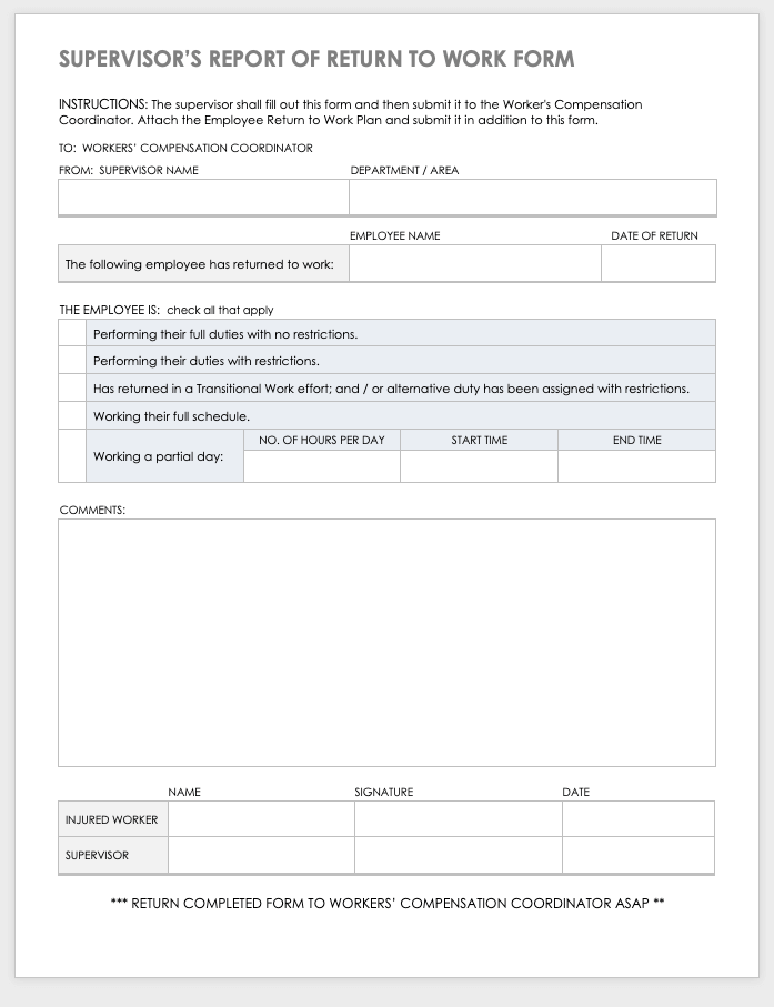 Supervisor's Report of Return to Work Template