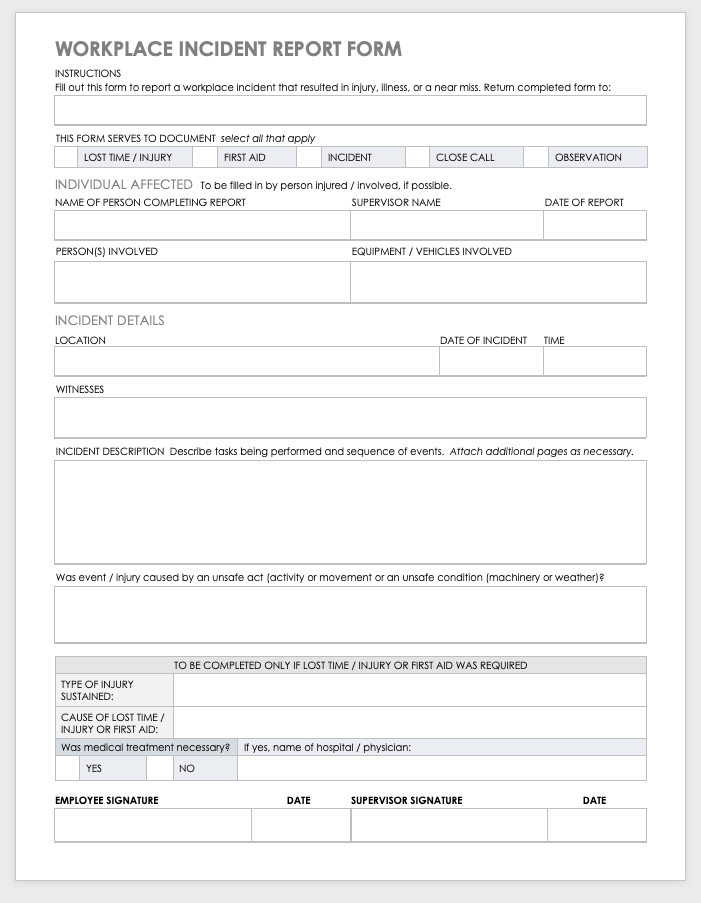 Workplace Incident Report Form Template