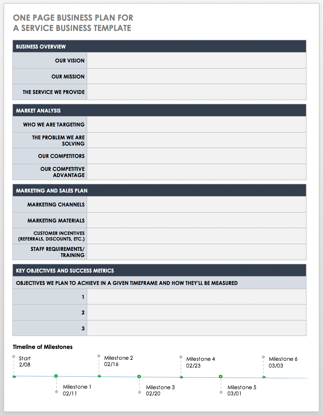 One Page Business Plan For A Service Business Template