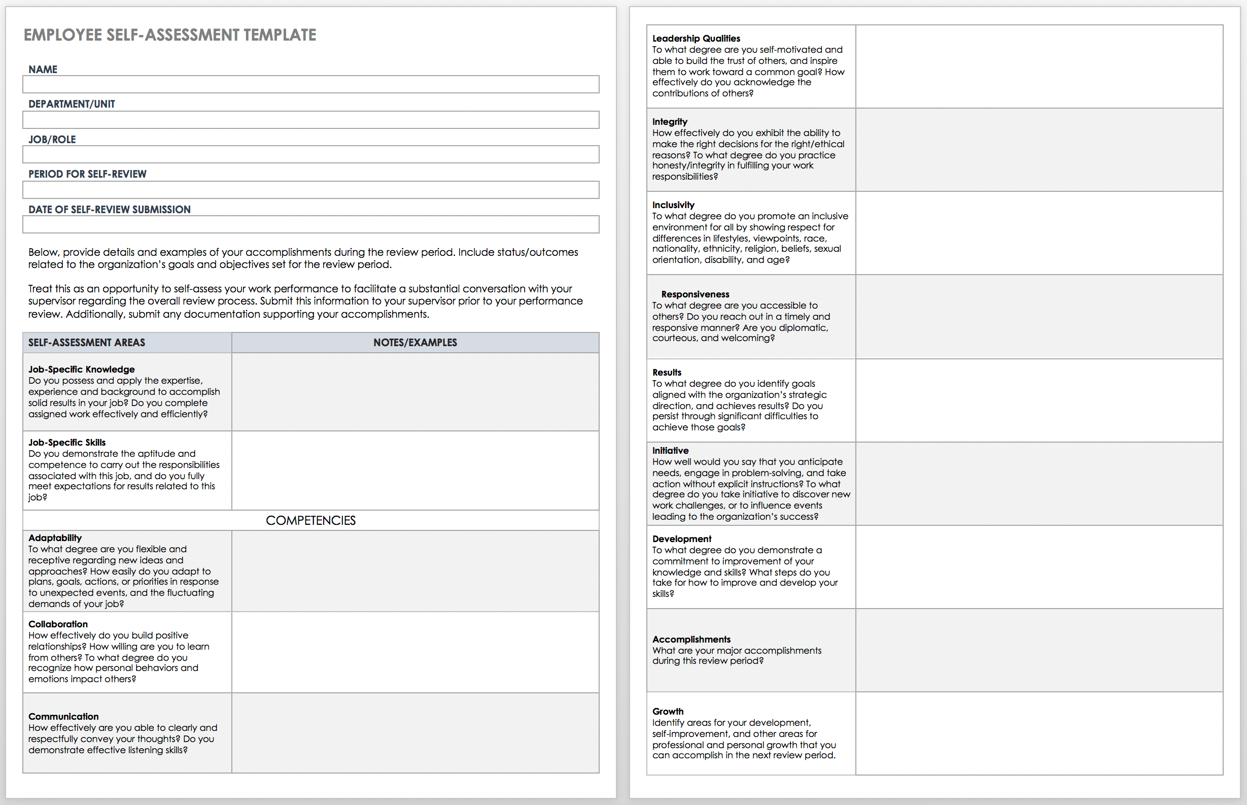 Employee Self Assessment Template