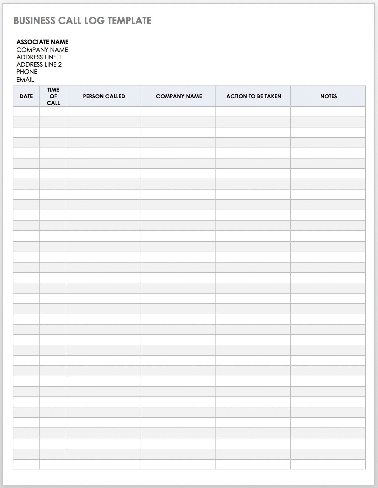 Business Call Log Template