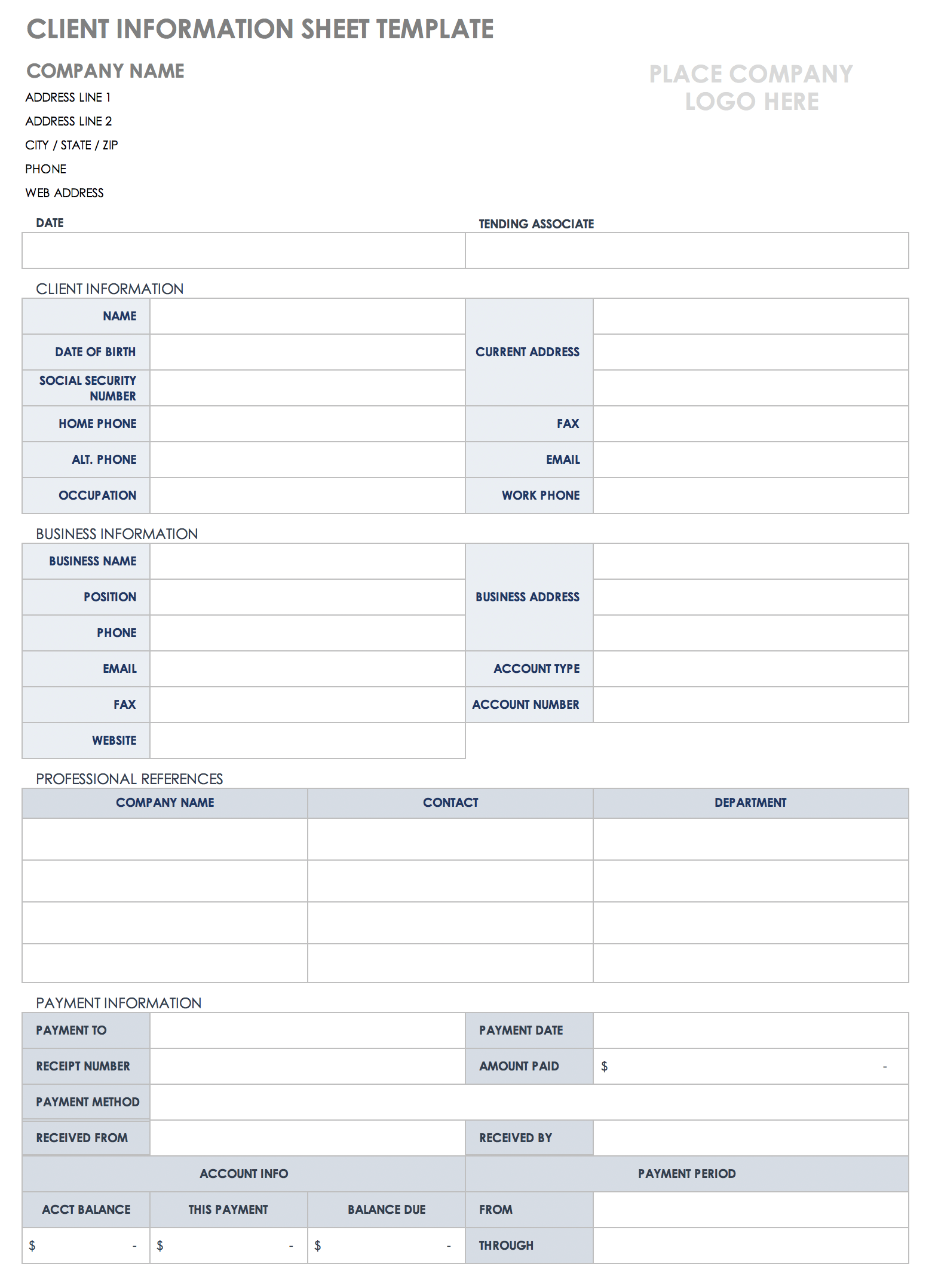 Client Information Sheet Excel Template