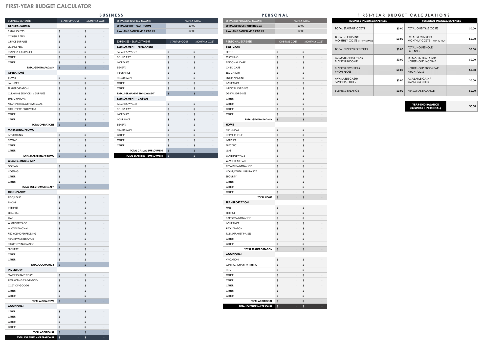 First Year Budget Calculator Template