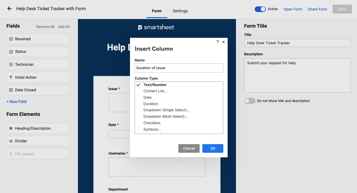 Add field to form in Smartsheet