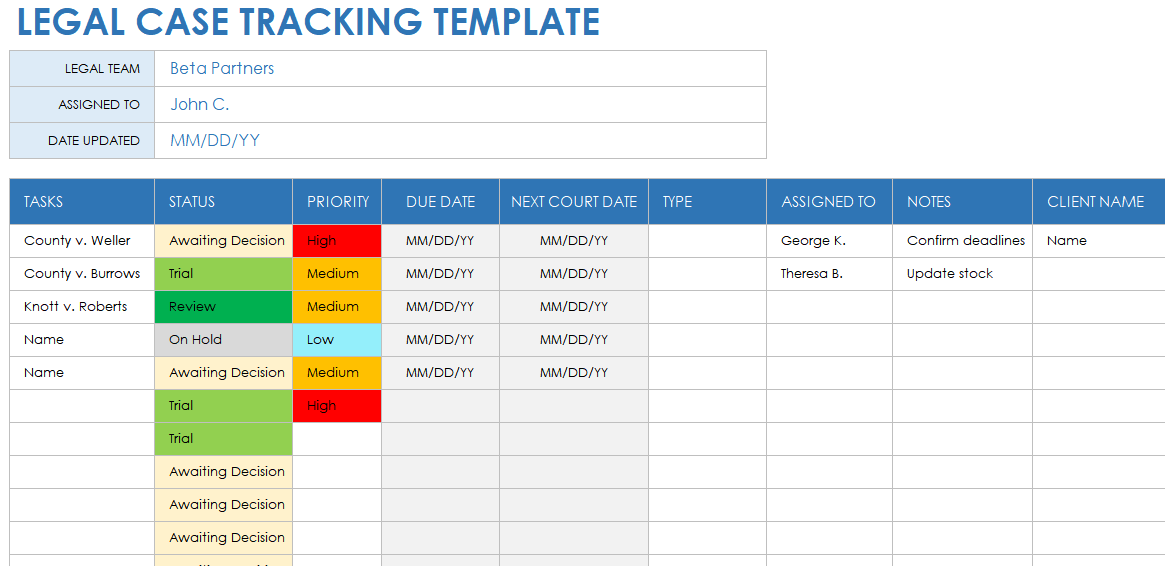 Legal Case Tracking Template