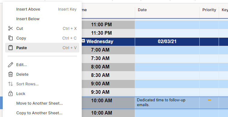 schedule smartsheet paste