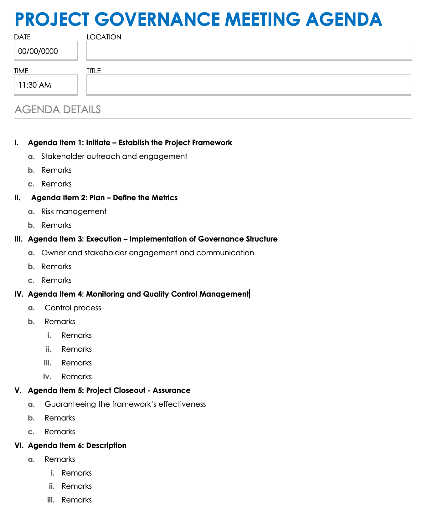 Project Governance Meeting Agenda Template