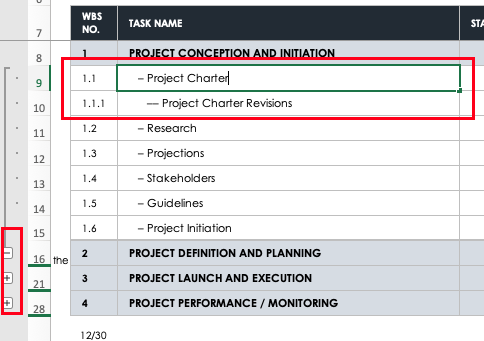 Project plan expand list enter task