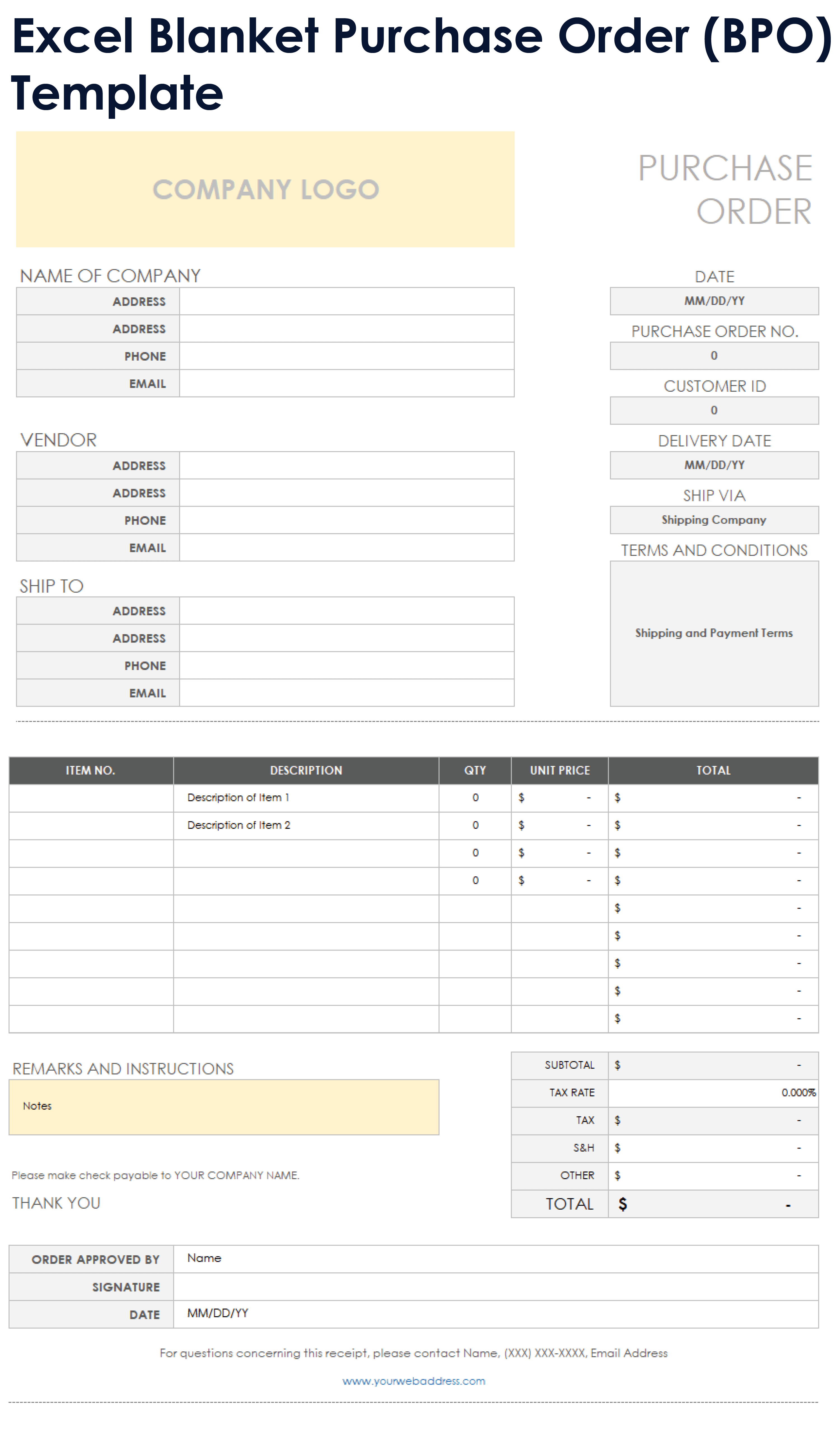 Blanket Purchase Order BPO Template