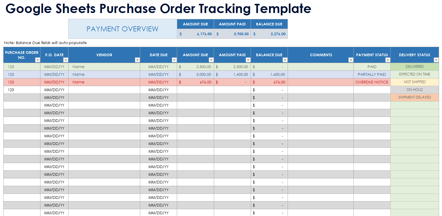 Google Sheets Purchase Order Tracking Template