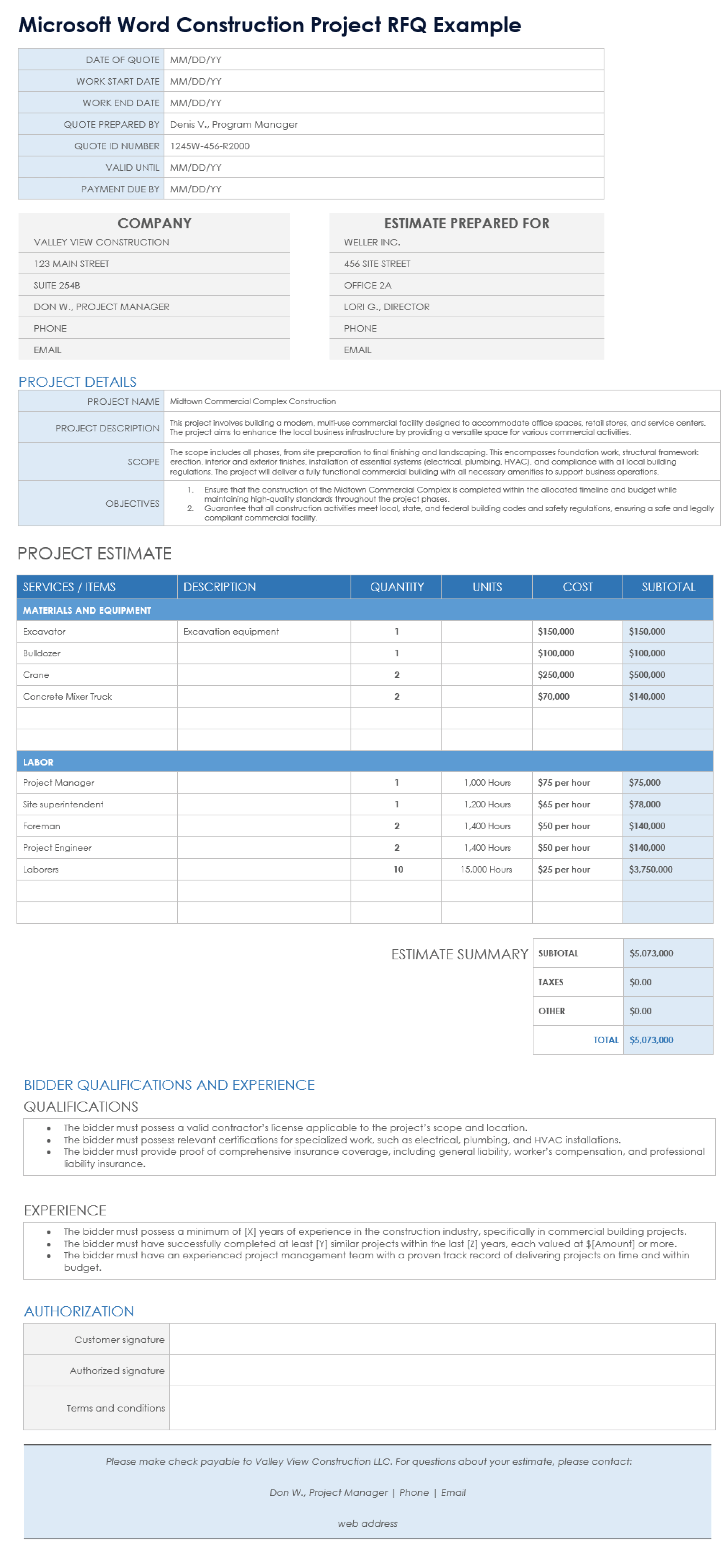 Microsoft Word Construction Project RFQ Example