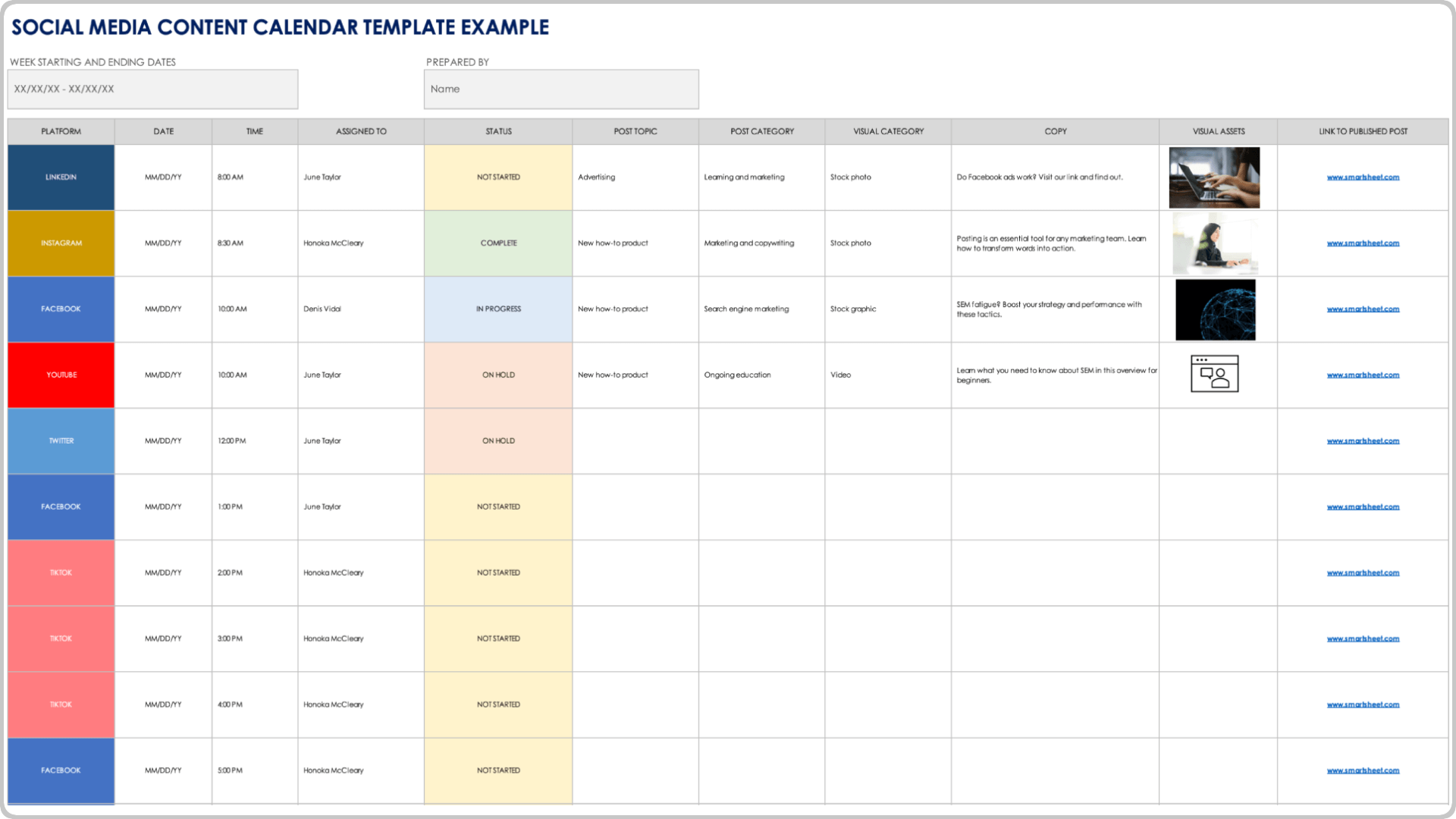 Social Media Content Calendar Template Example