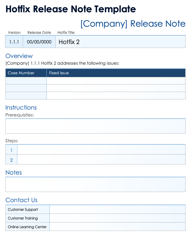 Hotfix Release Note Template