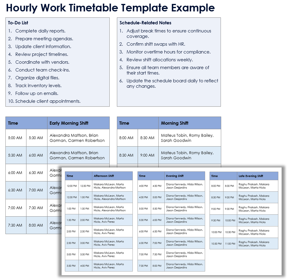 Hourly Work Timetable Template Example