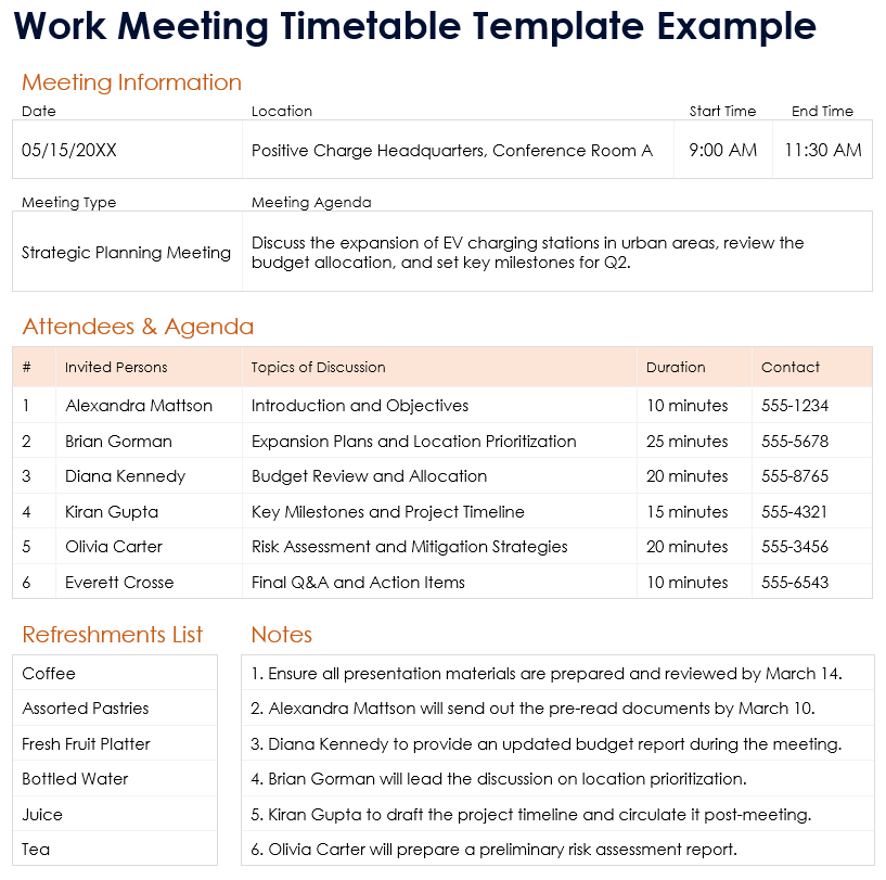 Work Meeting Timetable Template Example