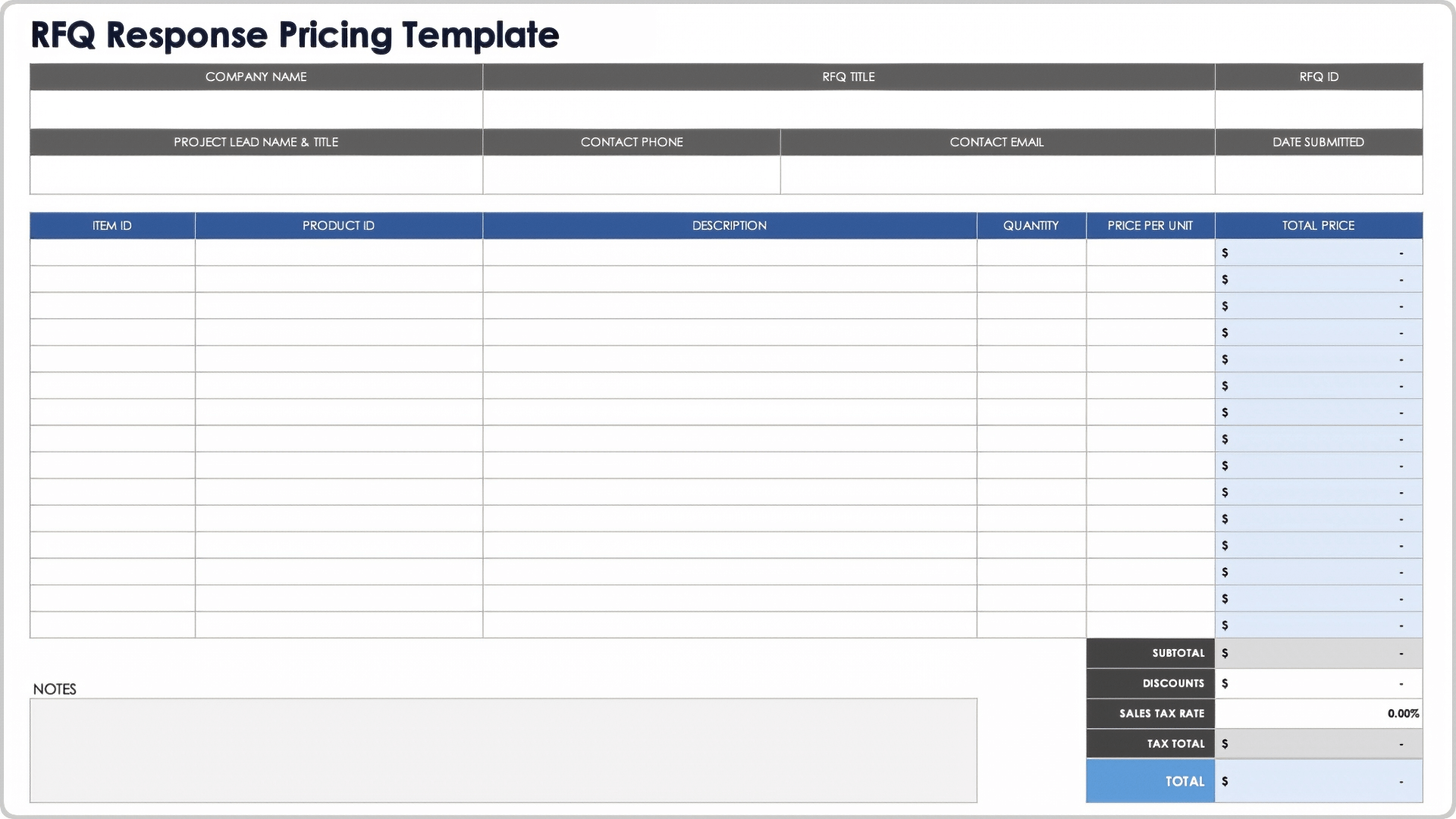 RFQ Response Pricing Template