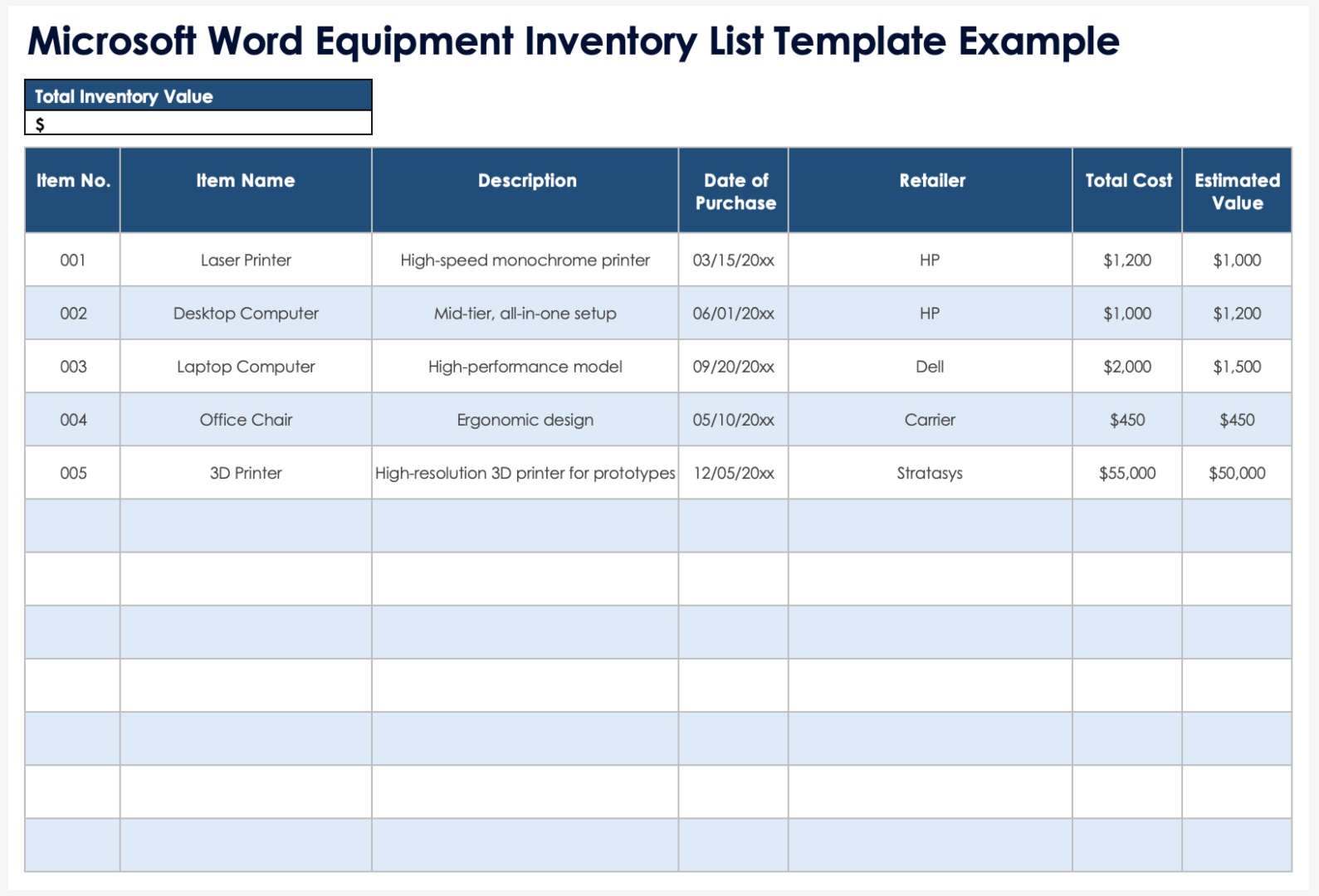 Microsoft Word Equipment Inventory List Template Example