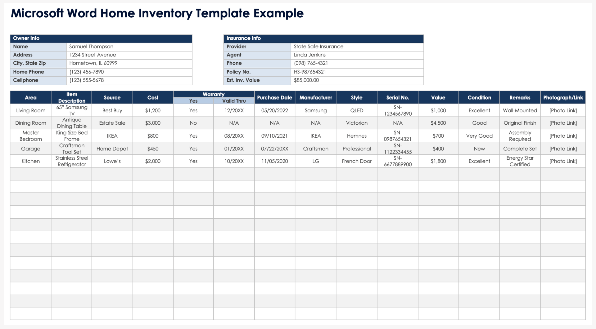 Microsoft Word Home Inventory Template Example