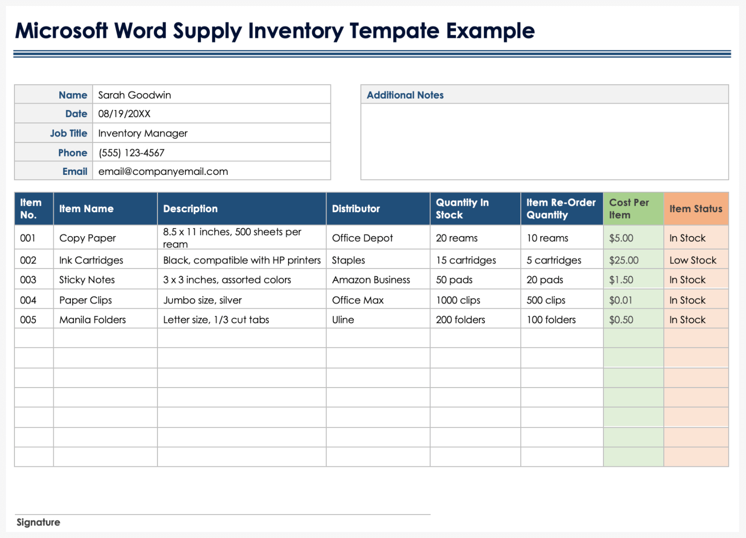 Microsoft Word Supply Inventory Template Example