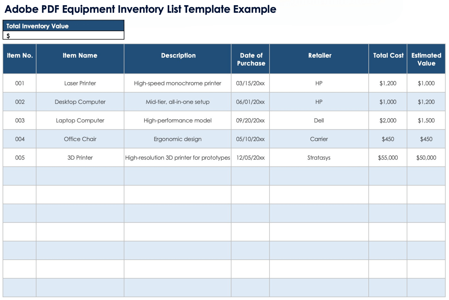 Adobe PDF Equipment Inventory List Template