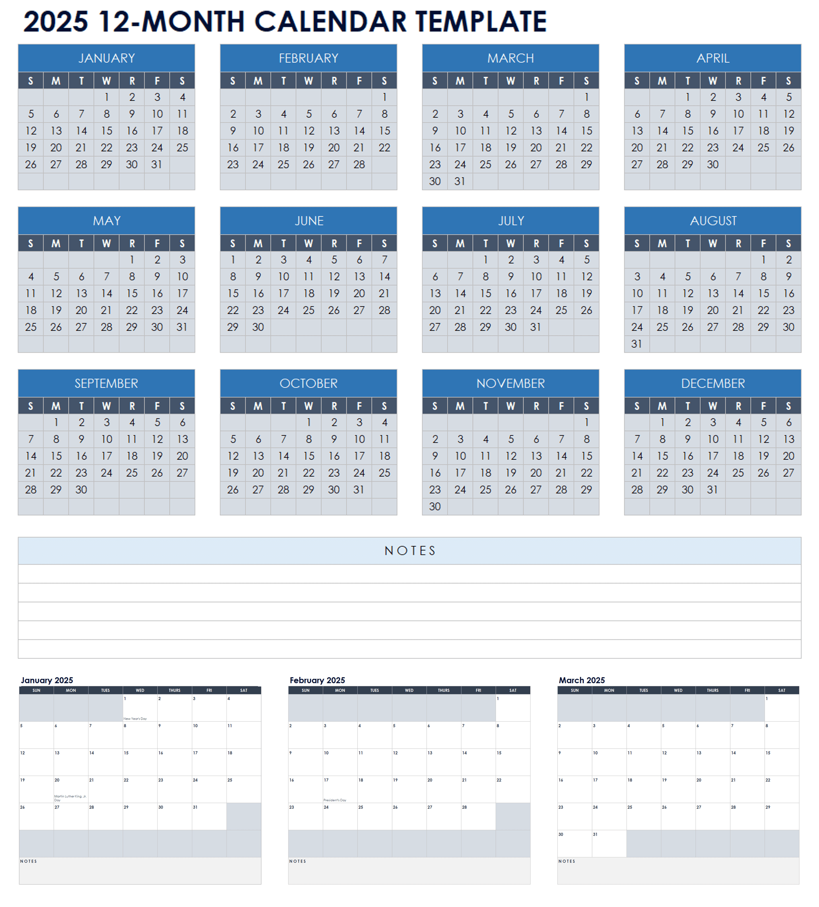 2025 12 Month Calendar Template