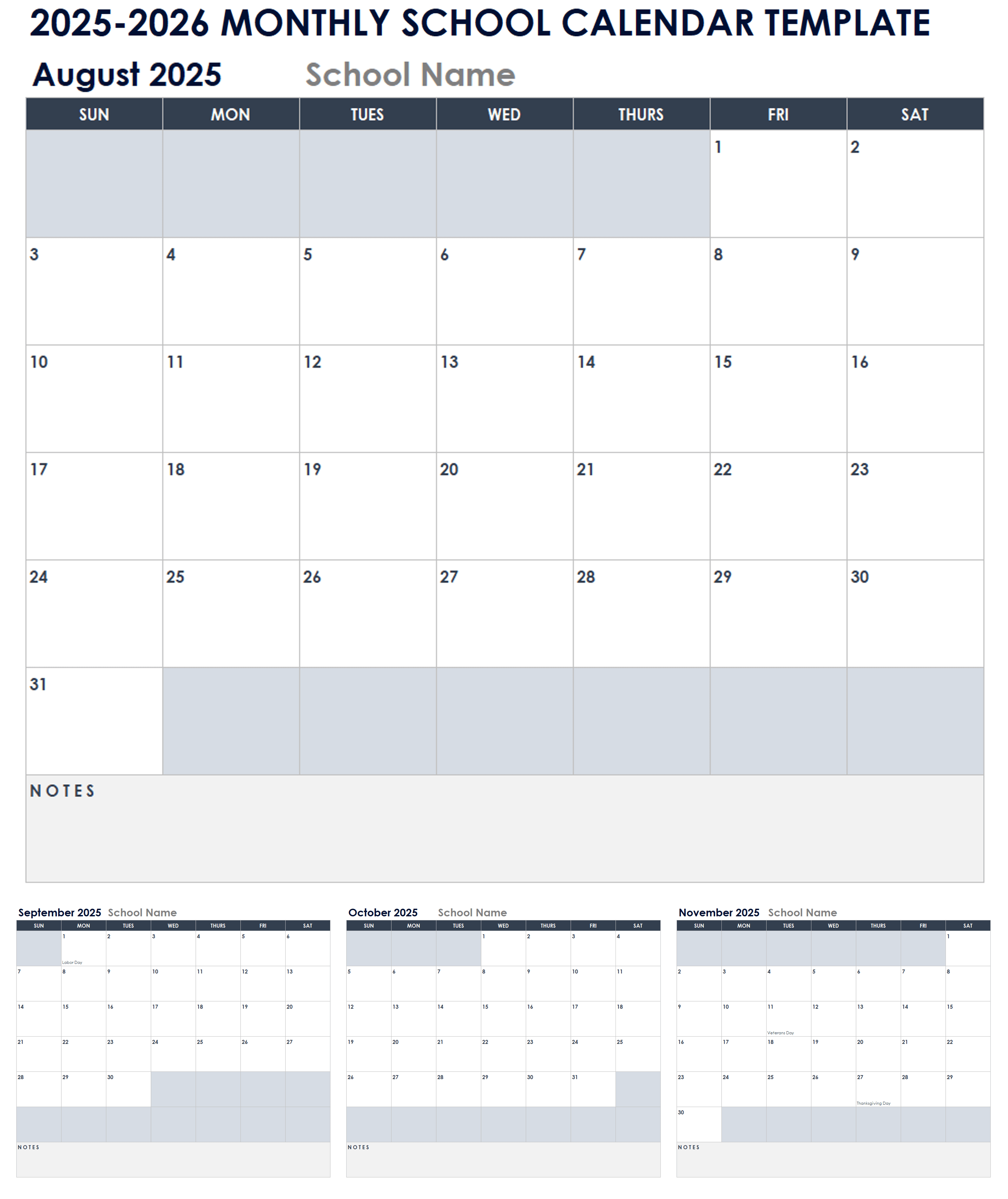 2025-2026 Monthly School Calendar Template