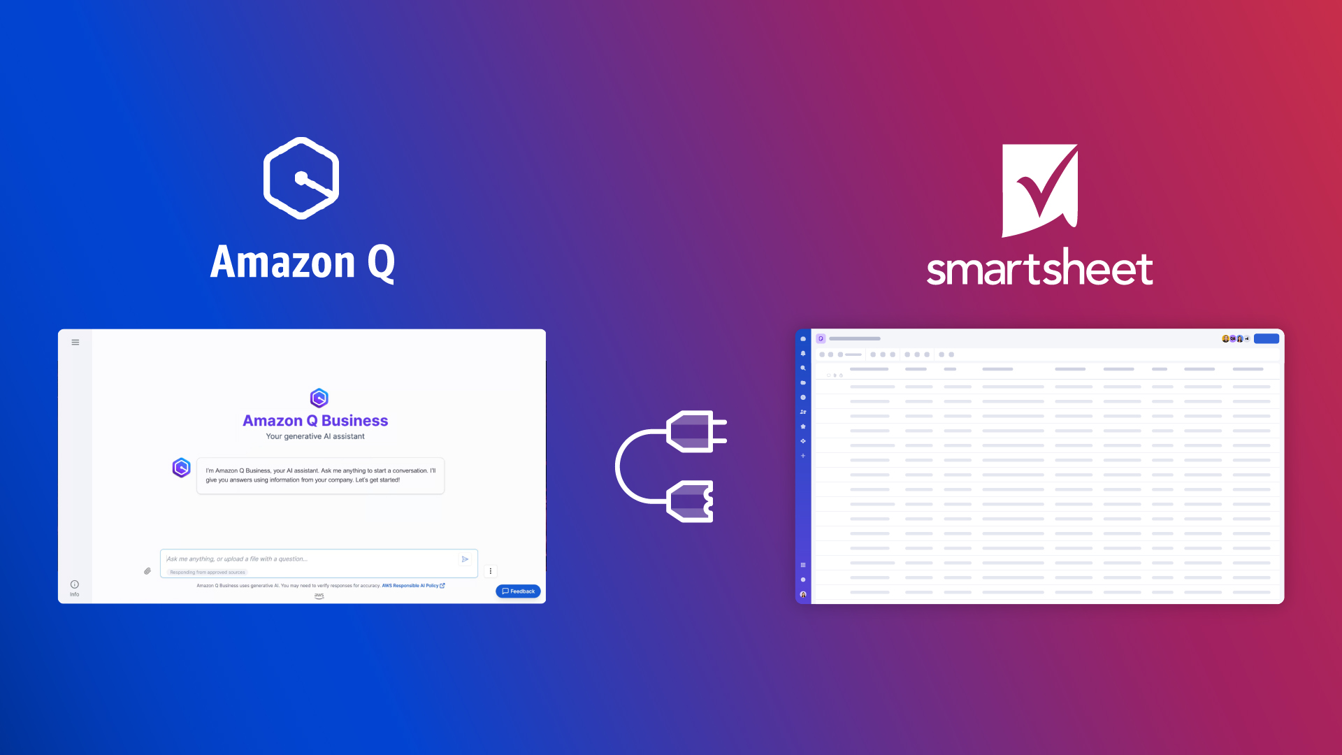 Amazon Q logo and product view next to the Smartsheet logo and product view on a blue and red background