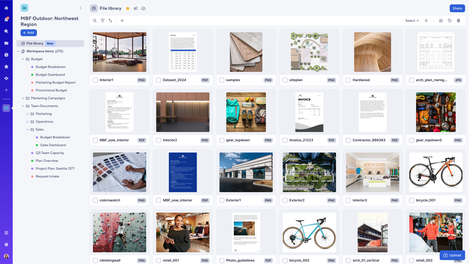 A Smartsheet file library with various project documents, images, and PDFs organized into categories such as budget, marketing campaigns, and team documents.