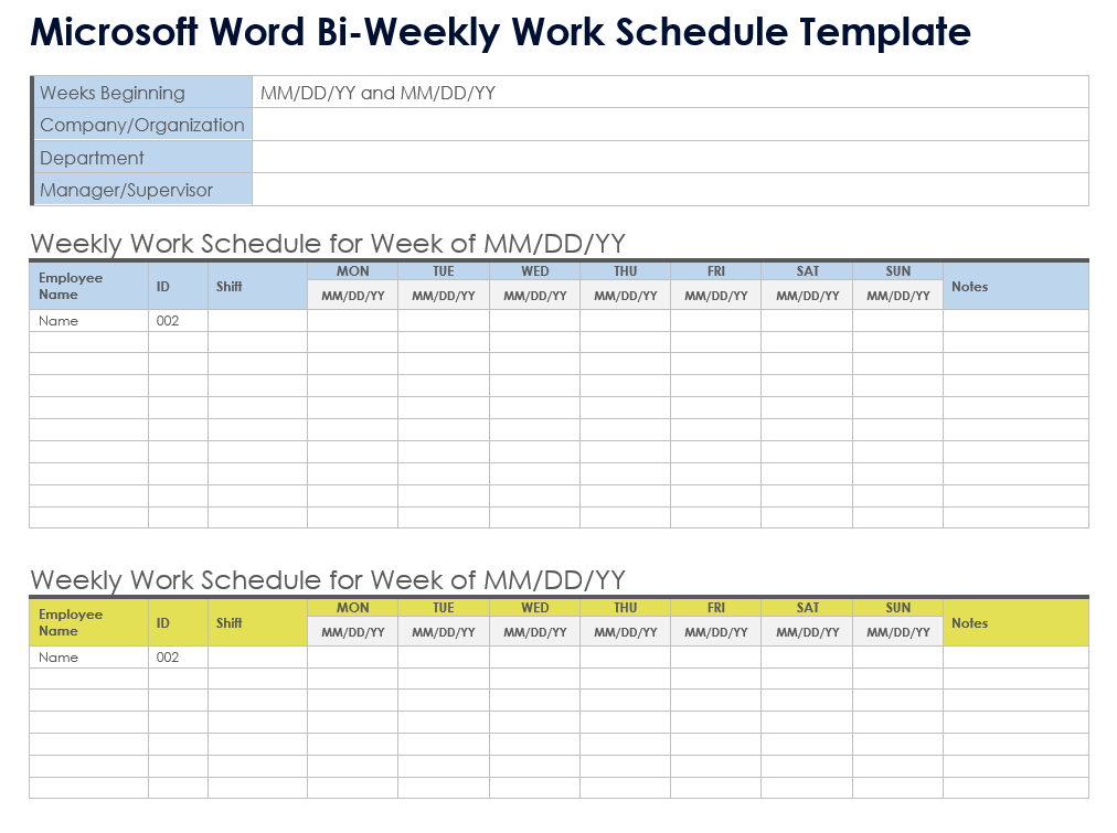 Microsoft Word Bi-weekly Work Schedule Template