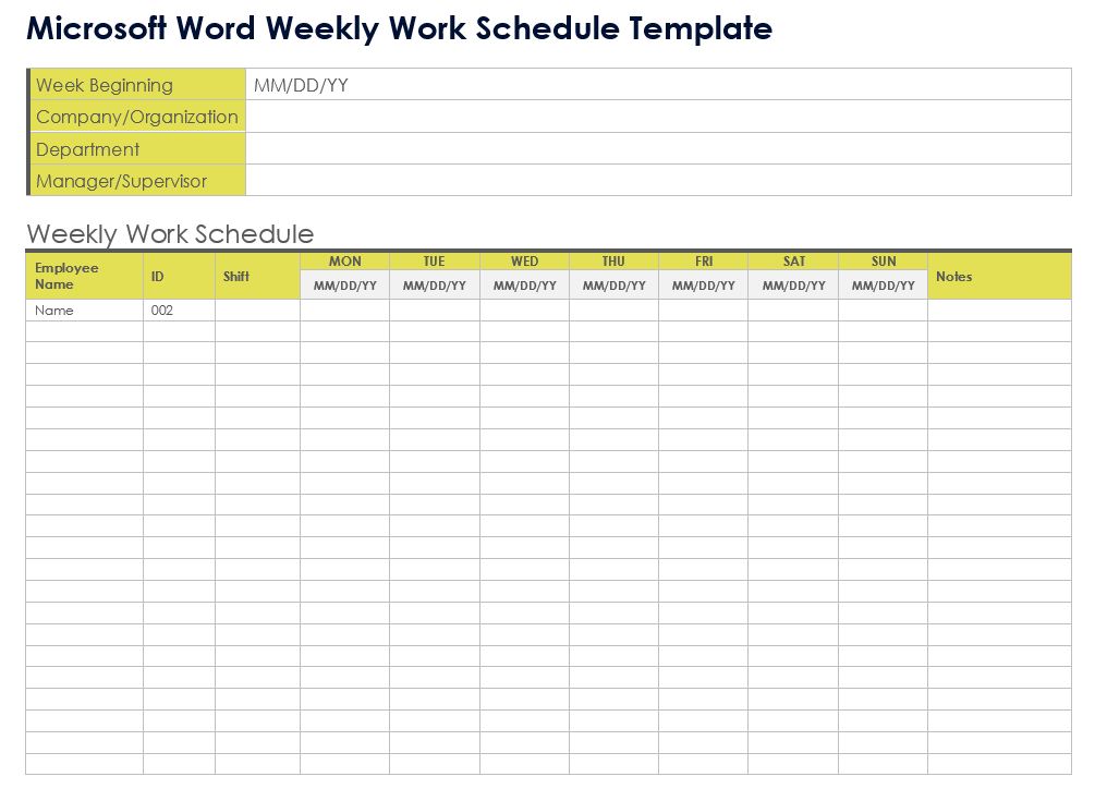 Microsoft Word Weekly Work Schedule Template