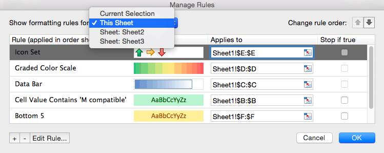 Conditional formatting manage rules this sheet Excel