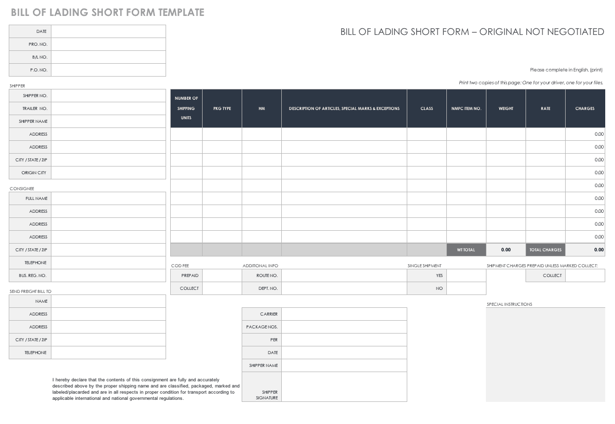 Bill of Lading Short Form