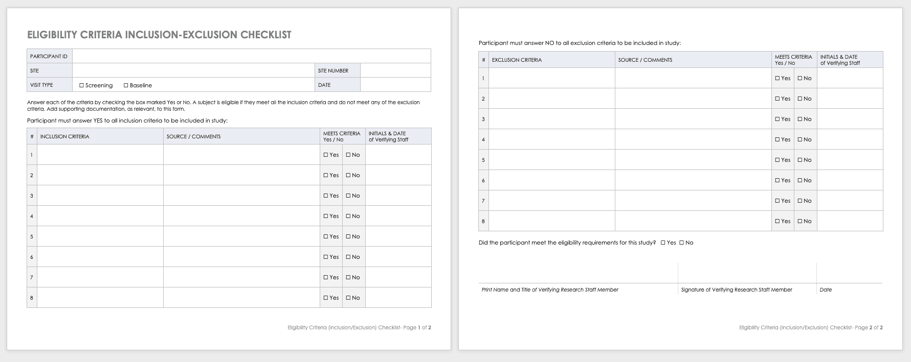 Eligibility Criteria Inclusion Exclusion Checklist Template