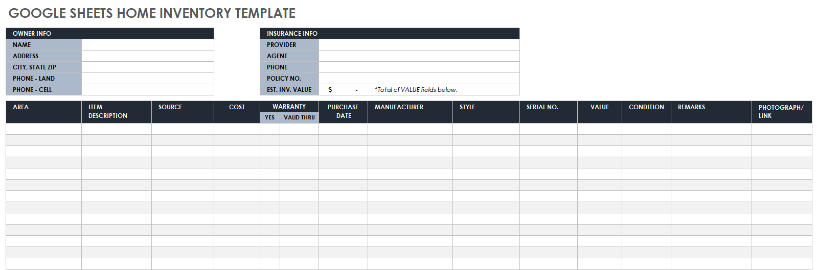 Google Sheets Home Inventory Template