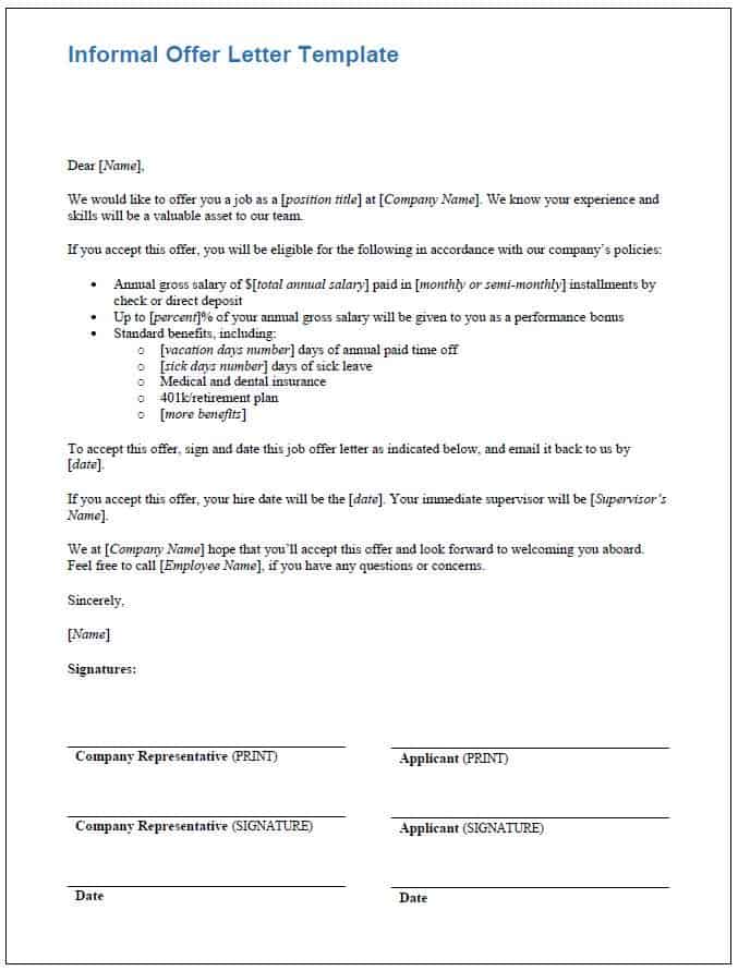 Informal Offer Letter Template