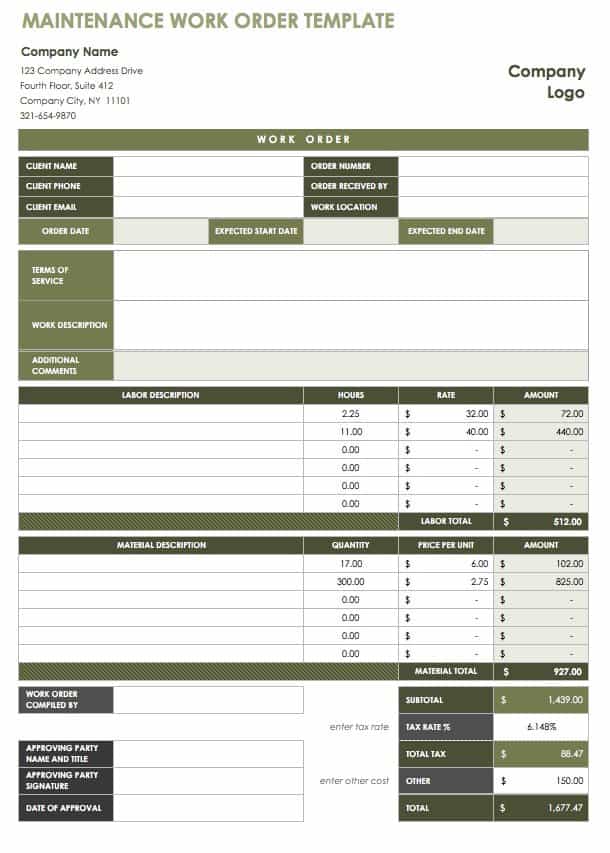 Maintenance work order template