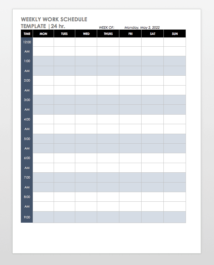 Mon-Sun Weekly 24h Schedule Template Word