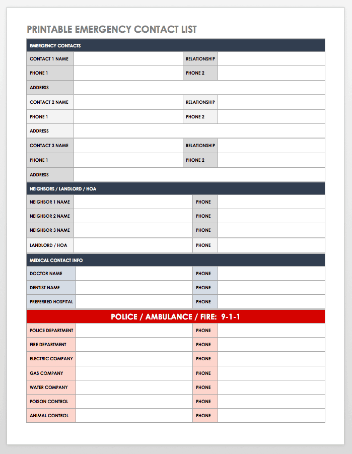 Printable Emergency Contact List