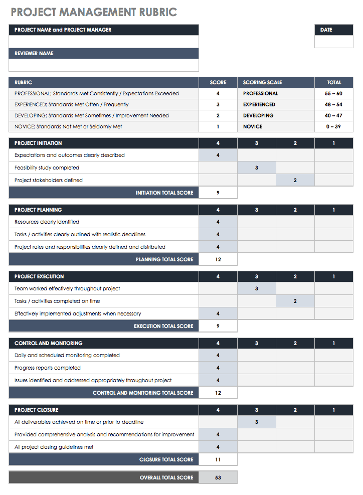 Project Management Rubric Template