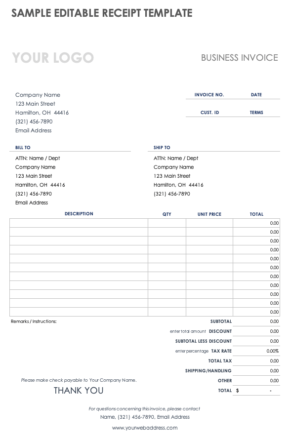 Sample Editable Receipt Template