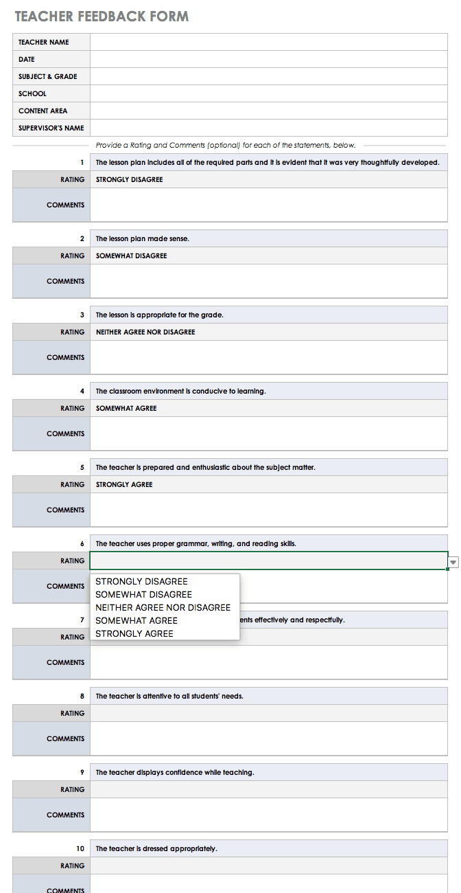 teacher Feedback Form Template