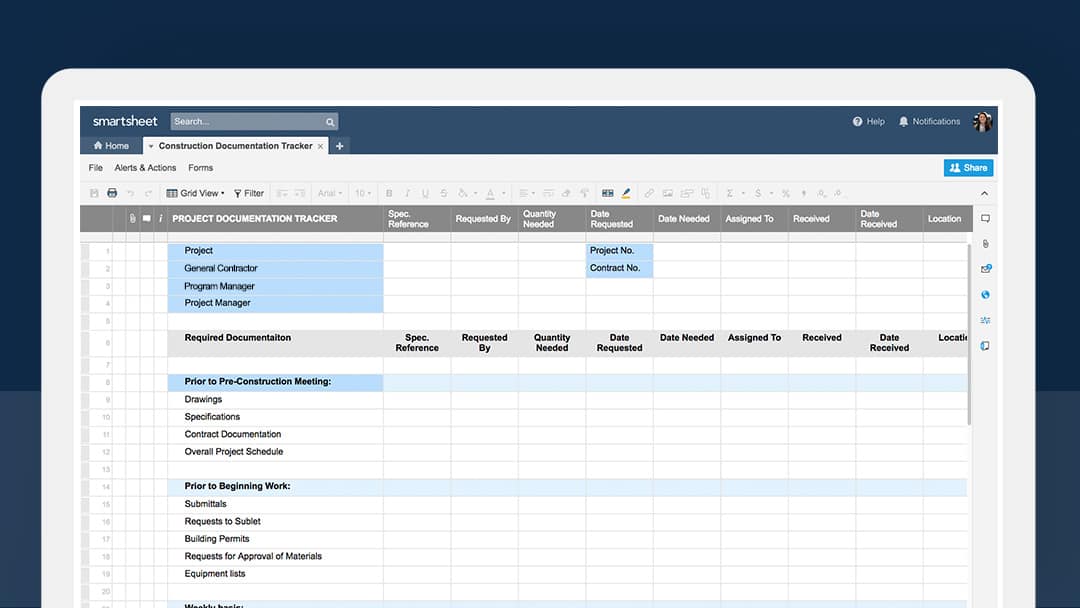 Construction documentation tracker in Smartsheet