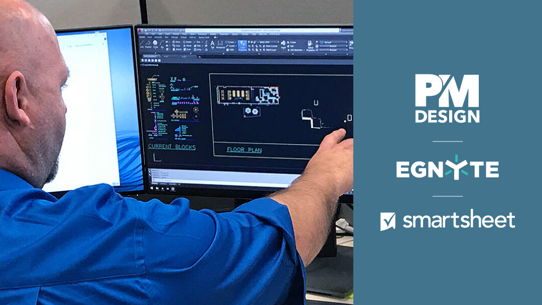 A man points to an on-screen floor plan alongside the logos of PM Design, Egnyte, and Smartsheet.