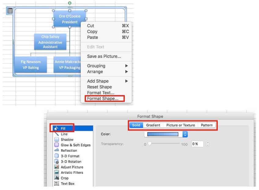 easy org charts excel change shape background